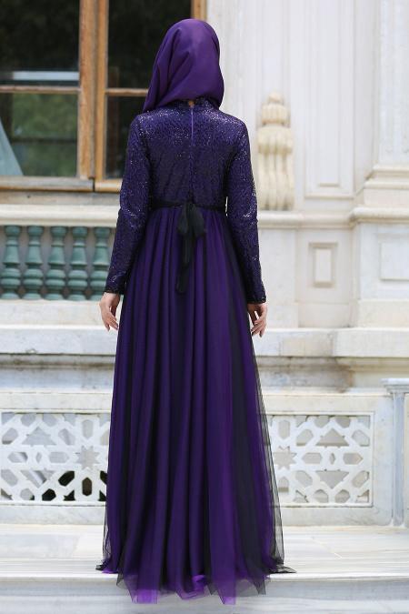 Evening Dresses - Purple Hijab Evening Dress 7545MOR - 3