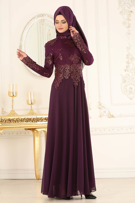 Evening Dresses - Purple Hijab Evening Dress 7601MOR