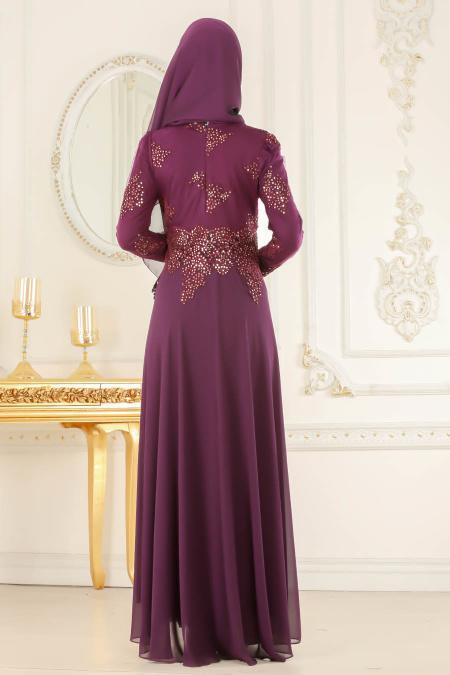 Evening Dresses - Purple Hijab Evening Dress 7601MOR - 3