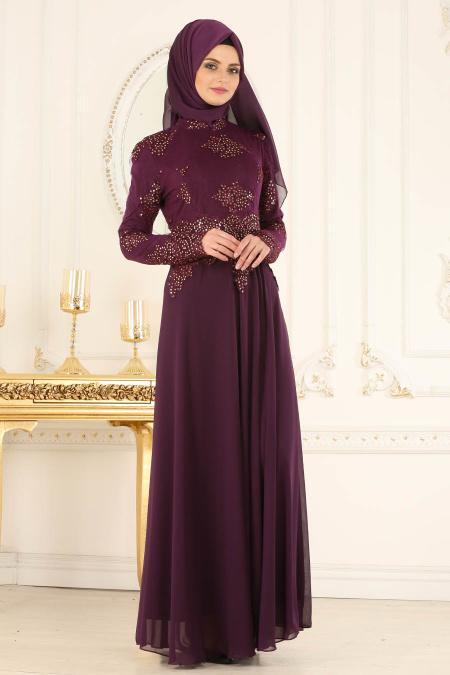 Evening Dresses - Purple Hijab Evening Dress 7601MOR - 2
