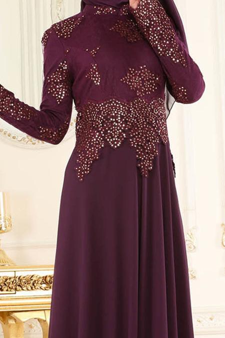 Evening Dresses - Purple Hijab Evening Dress 7601MOR - 4
