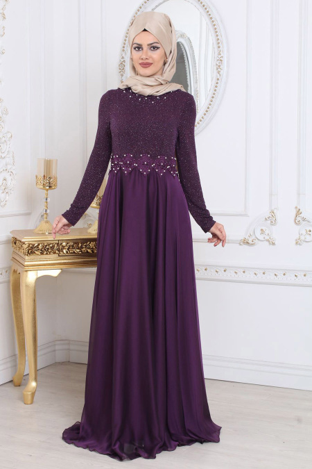 Evening Dresses - Purple Hijab Evening Dress 7950MOR
