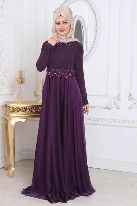 Evening Dresses - Purple Hijab Evening Dress 7950MOR - 3