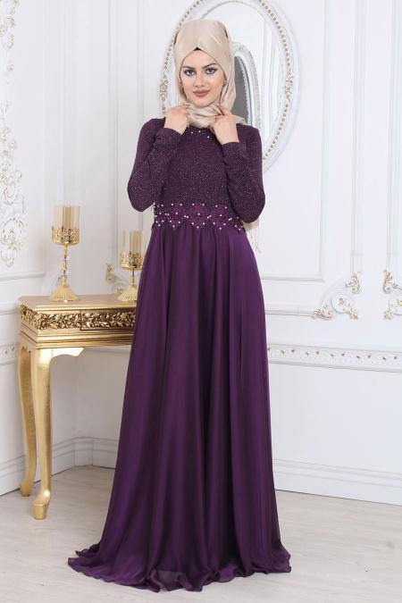 Evening Dresses - Purple Hijab Evening Dress 7950MOR - 4