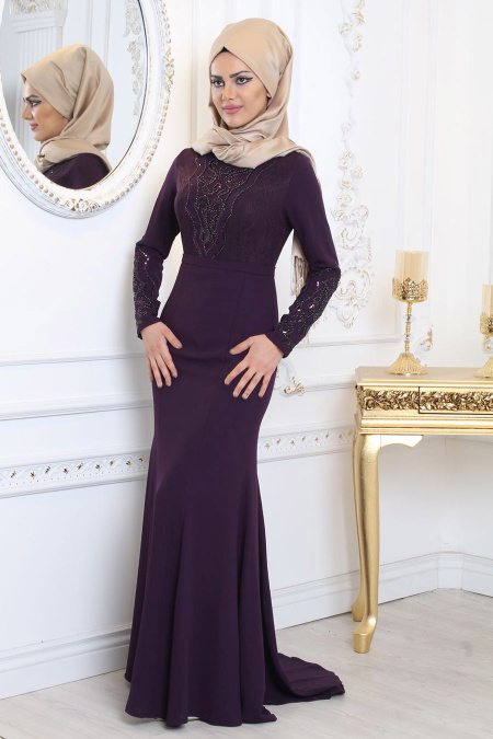 Evening Dresses - Purple Hijab Evening Dress 7956MOR
