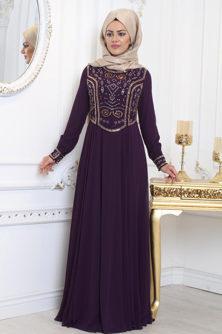 Evening Dresses - Purple Hijab Evening Dress 7977MOR