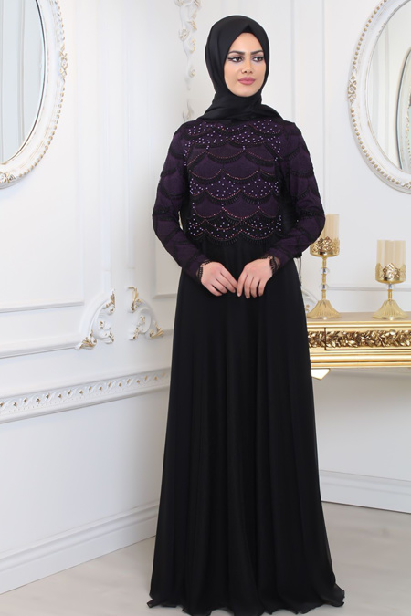 Evening Dresses - Purple Hijab Evening Dress 80040MOR