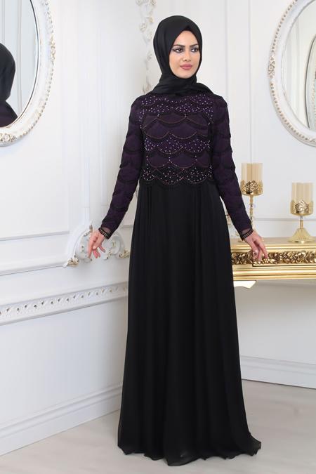 Evening Dresses - Purple Hijab Evening Dress 80040MOR - 2