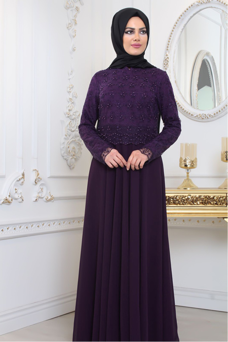Evening Dresses - Purple Hijab Evening Dress 80160MOR