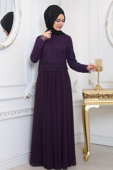 Evening Dresses - Purple Hijab Evening Dress 80160MOR - 2