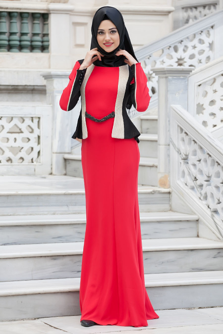 Evening Dresses - Red Hijab Dress 2103K