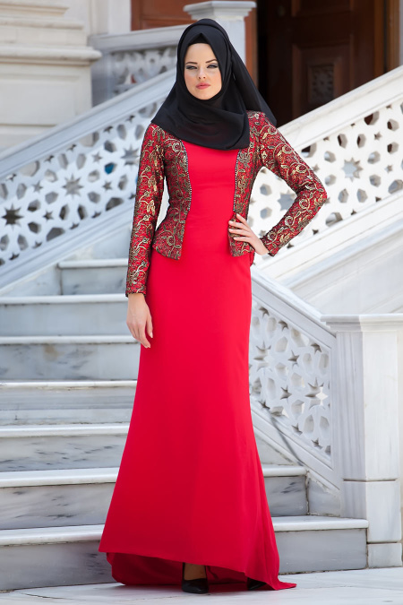 Evening Dresses - Red Hijab Dress 2125K