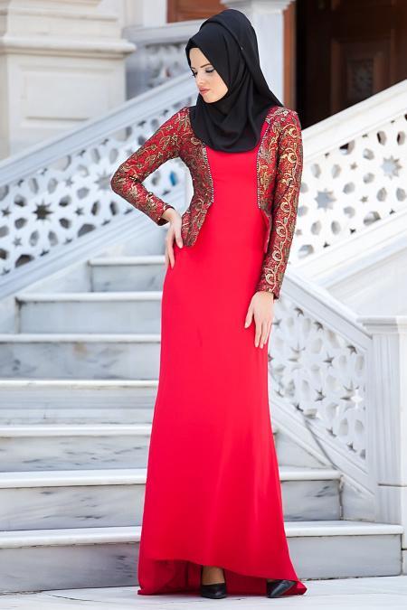 Evening Dresses - Red Hijab Dress 2125K - 2