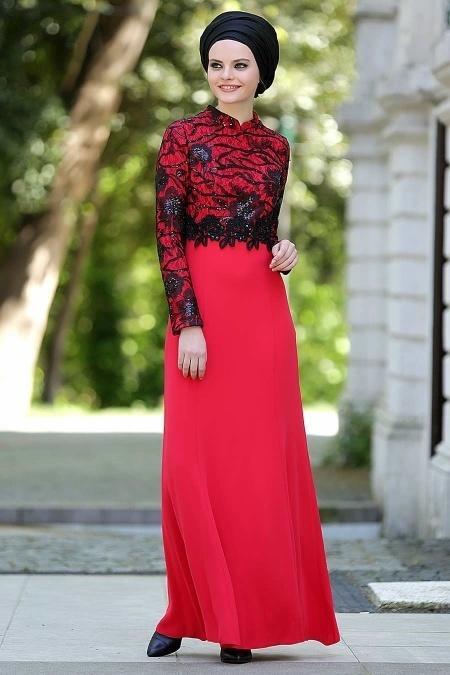 Evening Dresses - Red Hijab Dress 2132K - 2