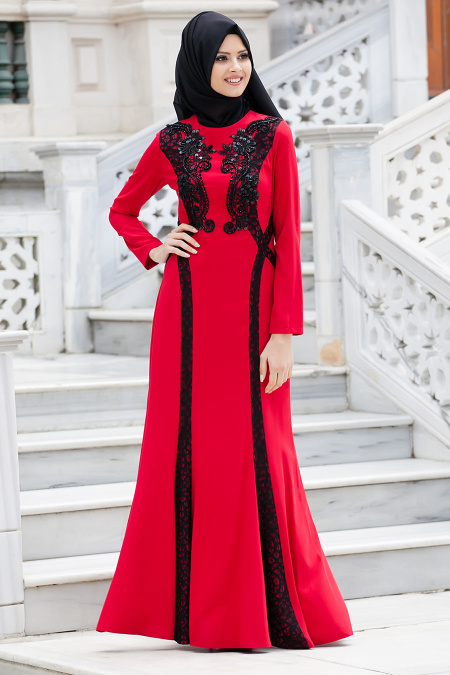 Evening Dresses - Red Hijab Dress 2192K