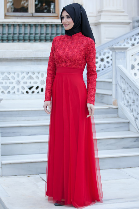 Evening Dresses - Red Hijab Dress 2197K