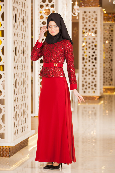 Evening Dresses - Red Hijab Dress 2201K