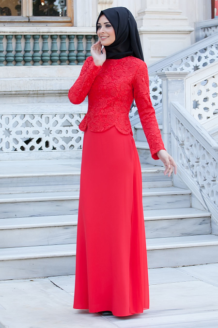 Evening Dresses - Red Hijab Dress 2215K