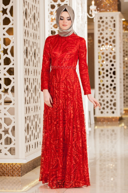 Evening Dresses - Red Hijab Dress 2217K