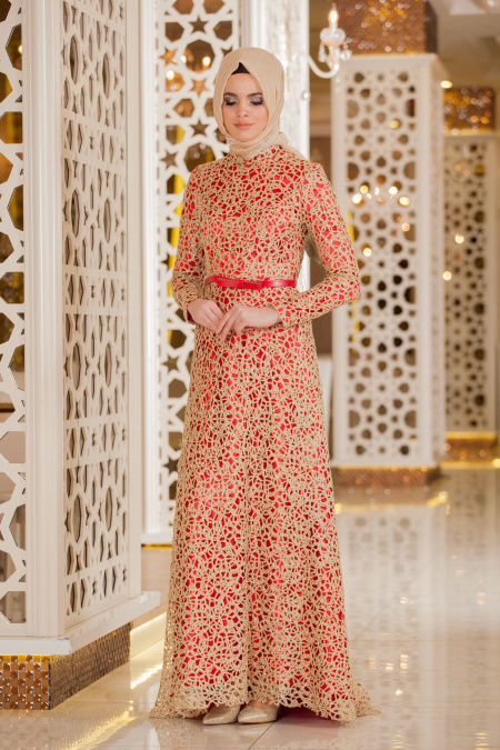 Evening Dresses - Red Hijab Dress 2226K