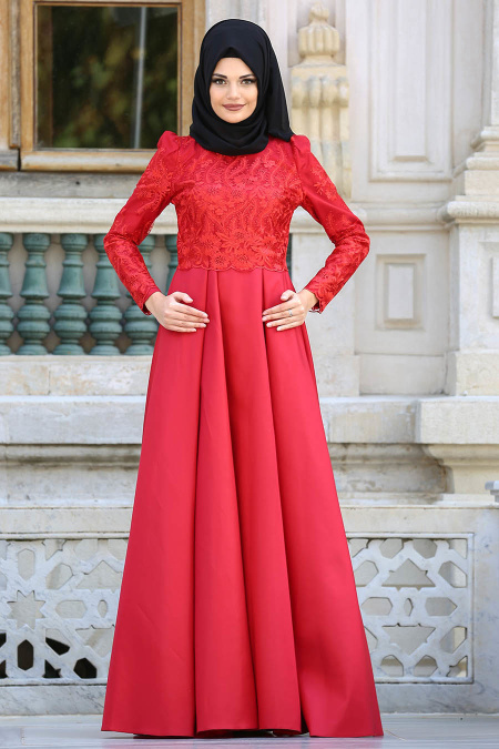 Evening Dresses - Red Hijab Dress 3542K