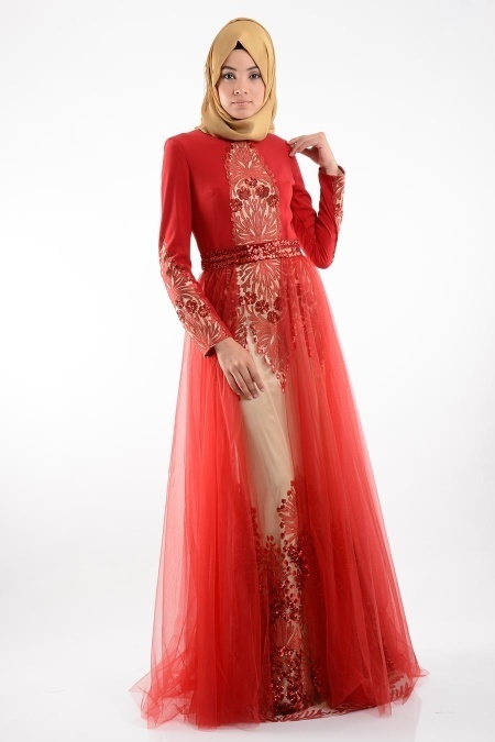 Evening Dresses - Red Hijab Dress 3977K