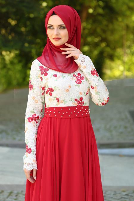 Evening Dresses - Red Hijab Dress 7617K - 3