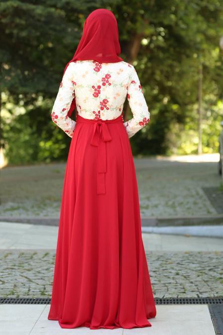 Evening Dresses - Red Hijab Dress 7617K - 4