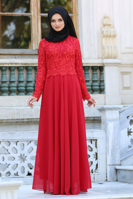 Evening Dresses - Red Hijab Dress 76463K