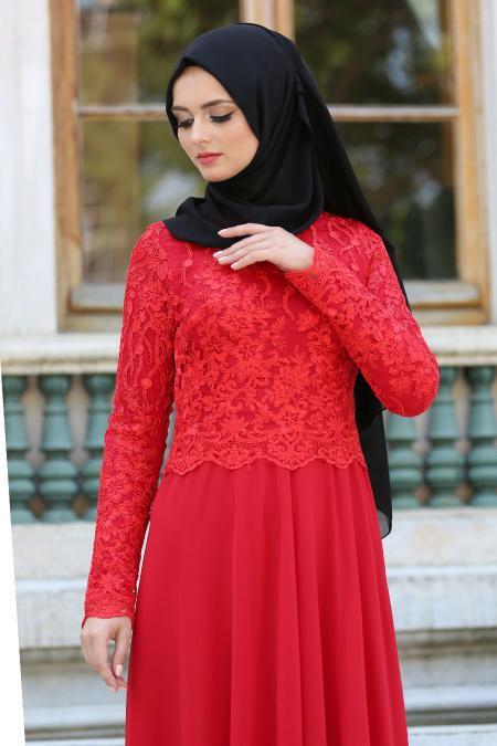 Evening Dresses - Red Hijab Dress 76463K - 3