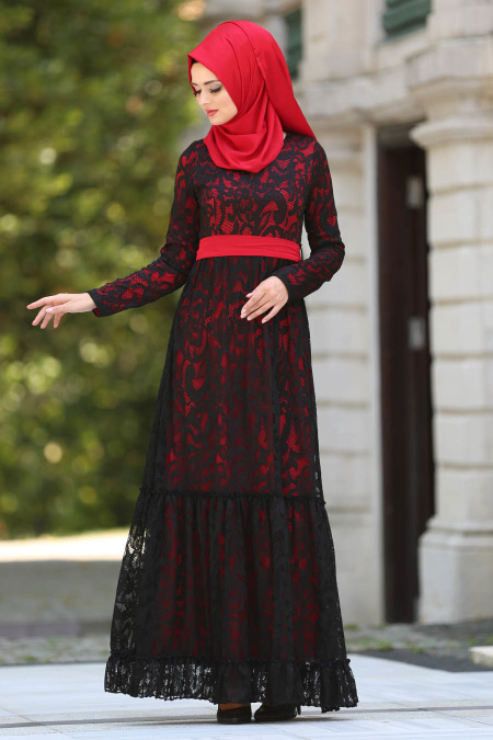 Evening Dresses - Red Hijab Dress 7790K