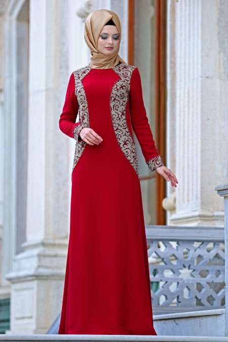 Evening Dresses - Red Hijab Evening Dress 2151K