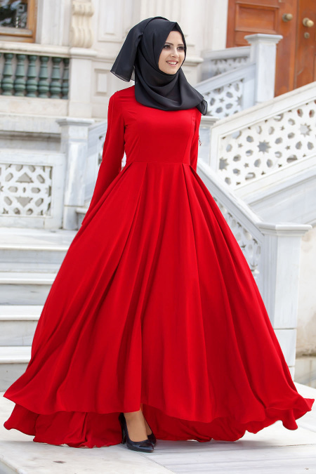 Evening Dresses - Red Hijab Evening Dress 40740K