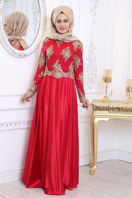 Evening Dresses - Red Hijab Evening Dress 7363K