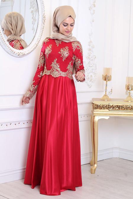 Evening Dresses - Red Hijab Evening Dress 7363K - 3