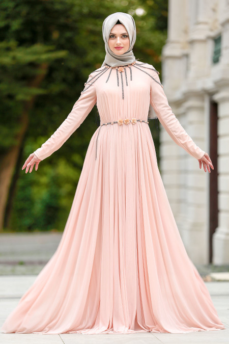 Evening Dresses - Salmon Pink Hijab Dress 102SMN