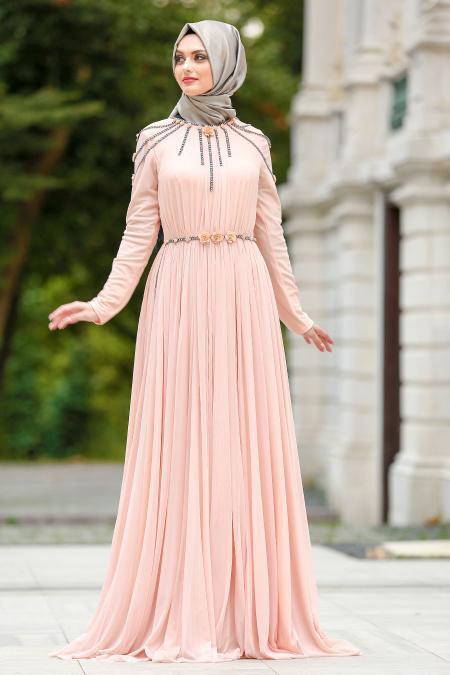 Evening Dresses - Salmon Pink Hijab Dress 102SMN - 2