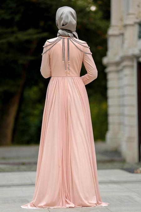 Evening Dresses - Salmon Pink Hijab Dress 102SMN - 3