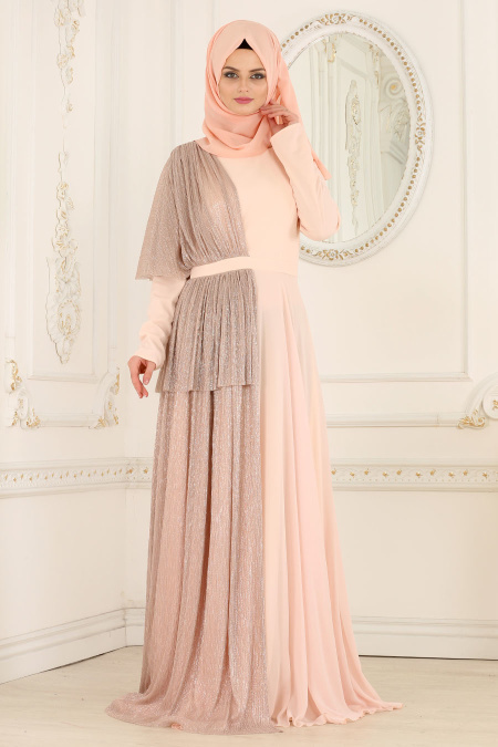 Evening Dresses - Salmon Pink Hijab Dress 103SMN