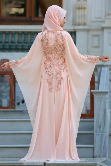 Evening Dresses - Salmon Pink Hijab Dress 105SMN - 2