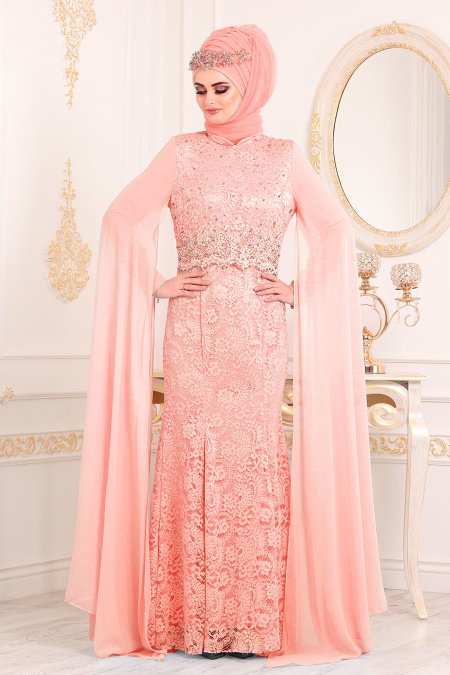 Evening Dresses - Salmon Pink Hijab Dress 20080SMN