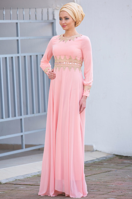 Evening Dresses - Salmon Pink Hijab Dress 2116SMN