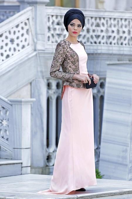 Evening Dresses - Salmon Pink Hijab Dress 2125SMN - 2