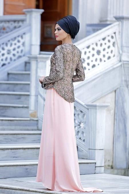 Evening Dresses - Salmon Pink Hijab Dress 2125SMN - 3