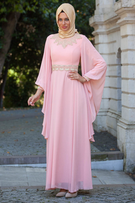 Evening Dresses - Salmon Pink Hijab Dress 2133SMN