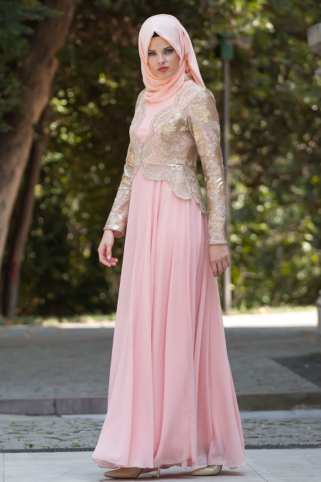 Evening Dresses - Salmon Pink Hijab Dress 2149SMN