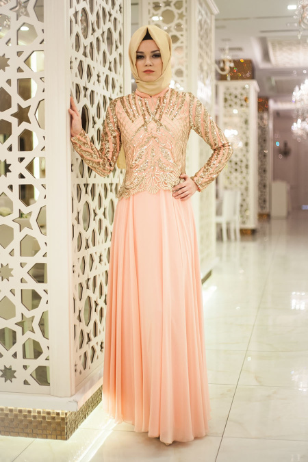 Evening Dresses - Salmon Pink Hijab Dress 2185SMN