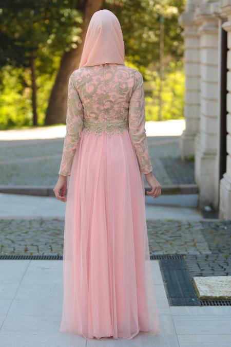 Evening Dresses - Salmon Pink Hijab Dress 2206SMN - 3