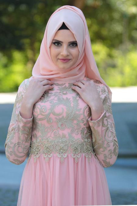 Evening Dresses - Salmon Pink Hijab Dress 2206SMN - 2