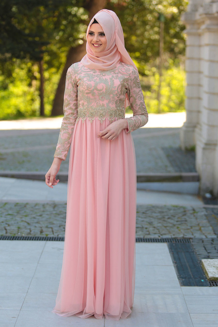 Evening Dresses - Salmon Pink Hijab Dress 2206SMN